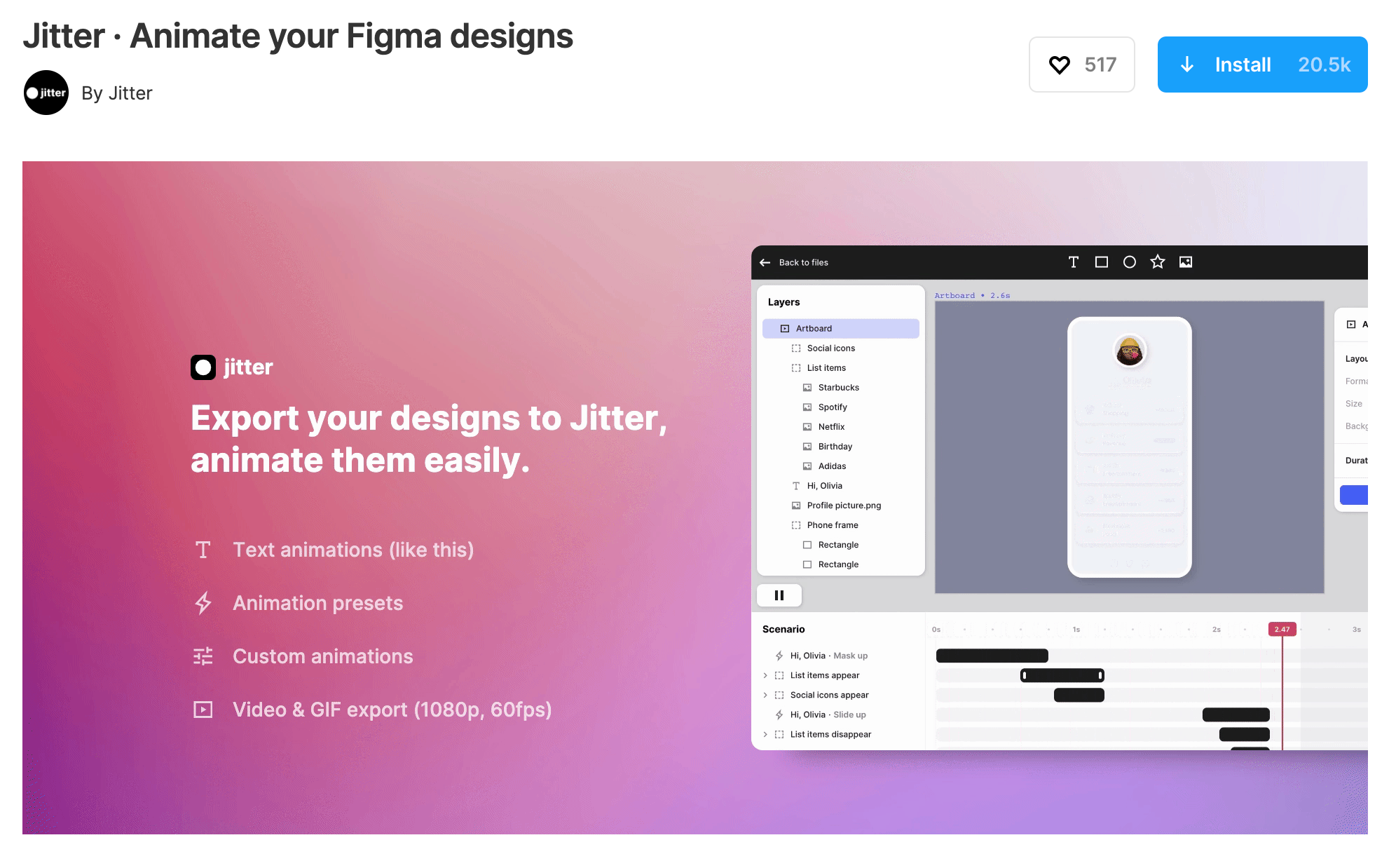 Jitter plugin page in Figma community